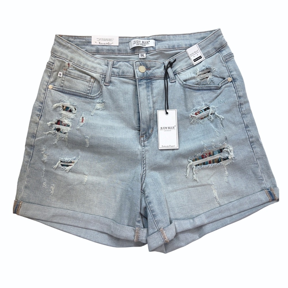 Judy Blue Denim Shorts Womens 1XL Light Blue Distressed High Waist Cuffed New